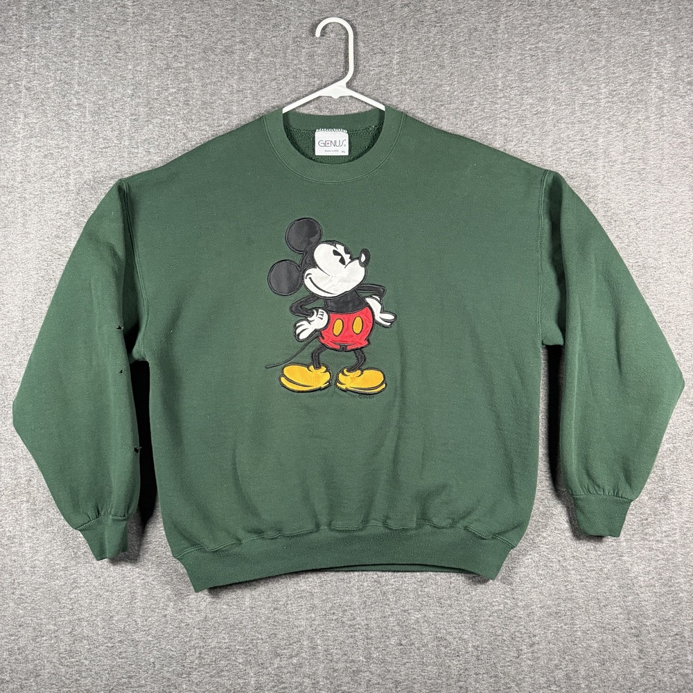 Vintage Disney Mickey Mouse Sweatshirt XL Green Genus USA Embroidered Holes